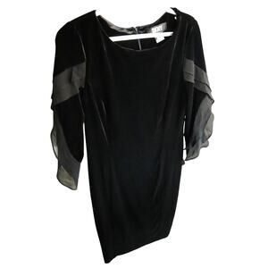 DKNY Black Velvet Sheath Pencil Dress Flutter Chiffon Ruffle Sleeves 10 Cocktail